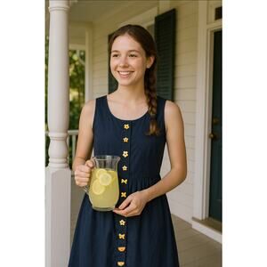 Vintage Hearts Desire Button Front Denim Maxi Dress A-Line High Waist Flare L